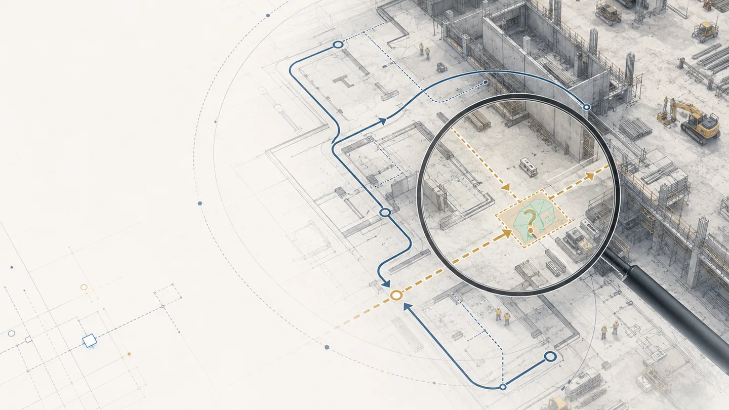 Diagnostic route map showing construction pressure sources, routes and decision points.