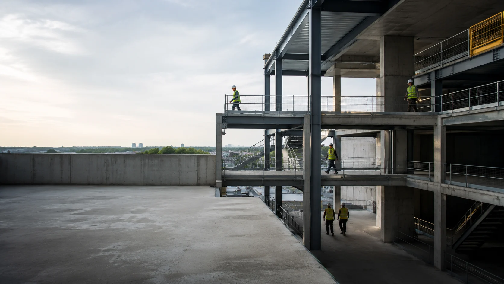 Construction workers moving through a multi-level site structure, representing practical routes and pressure.